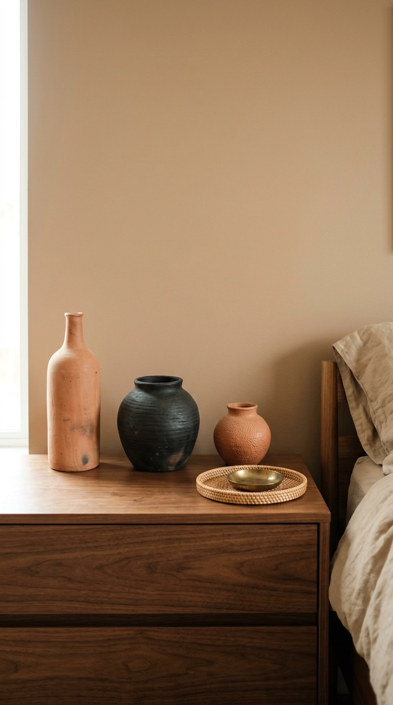 Three unglazed terracotta and black clay vessels grouped on a walnut bedroom dresser