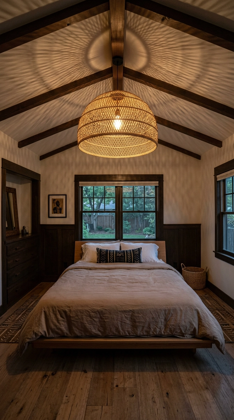 Woven raffia dome pendant light glowing above an oak platform bed at night