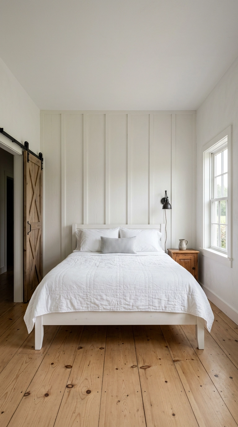All white farmhouse bedroom with floor-to-ceiling board and batten wall molding and hickory nightstand
