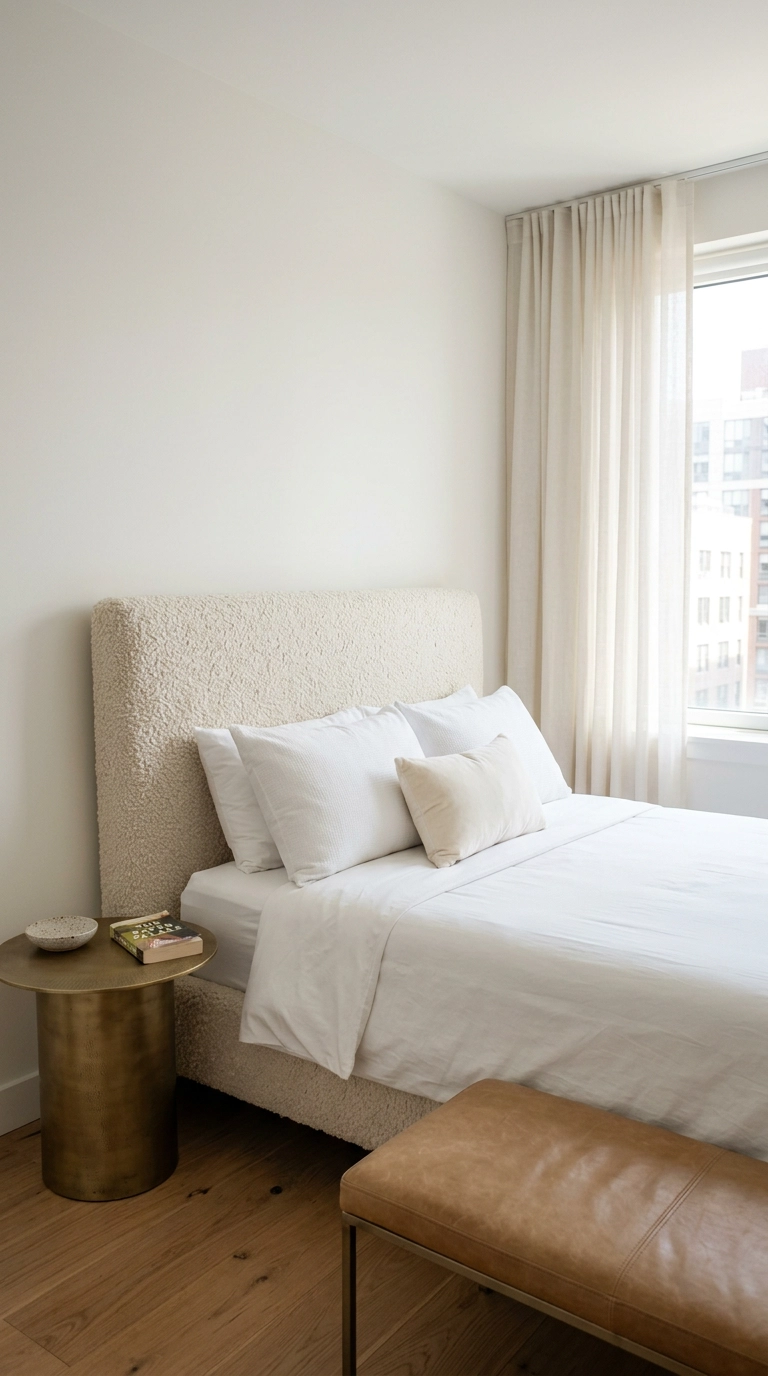 All white bedroom with chunky boucle headboard, unlacquered brass side table and tan leather bench