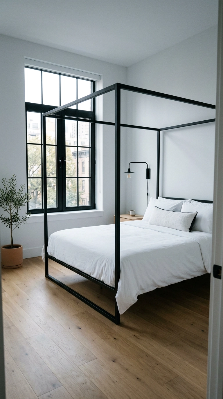 All white bedroom with matte black metal canopy bed, black sconce and white oak floors