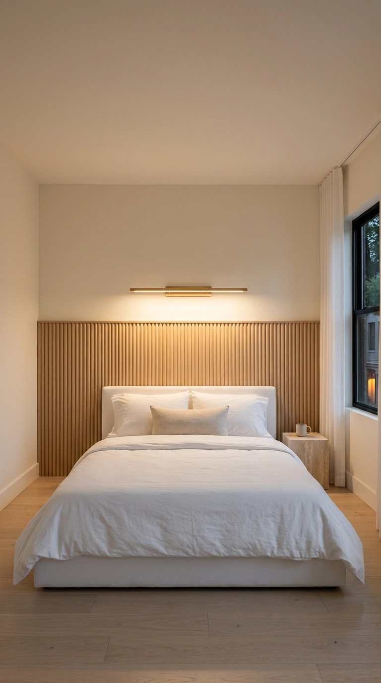 All white bedroom with a half-height fluted white oak paneled wall behind an upholstered bed