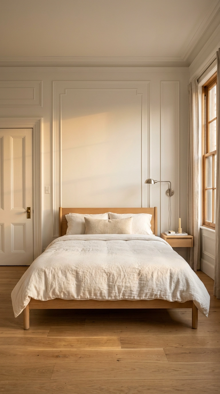 All white bedroom with flat walls and satin picture-frame molding creating tone-on-tone contrast