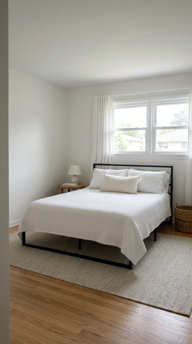 All white bedroom with matelasse coverlet, black iron bed, oak side table and rattan basket