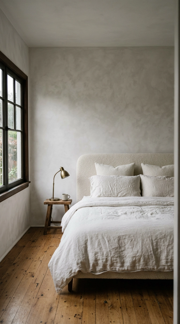 All white bedroom with mottled limewash plaster walls, boucle headboard and walnut stool nightstand