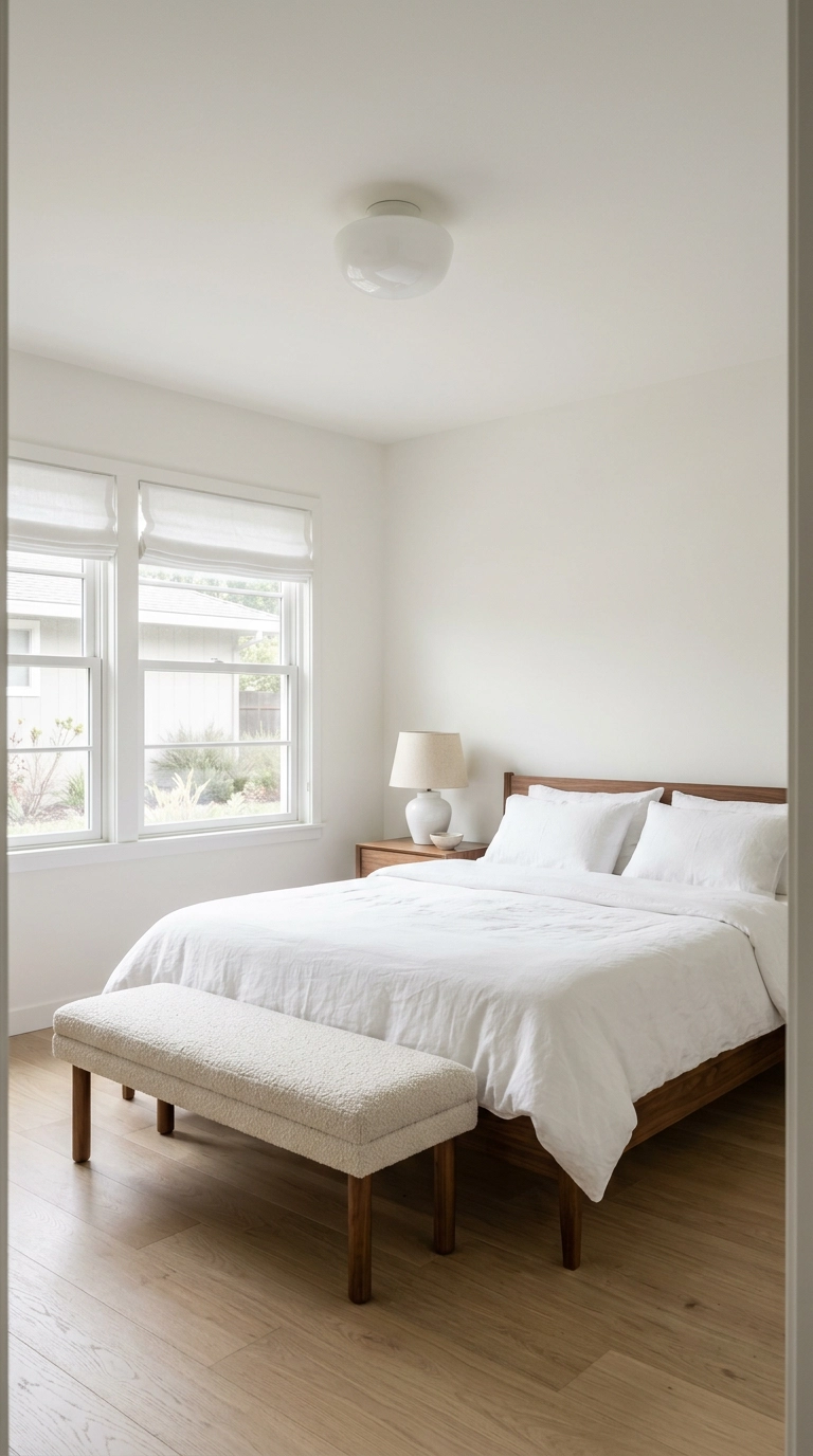 All white bedroom color drenched with walls and ceiling in one warm white and a walnut platform bed