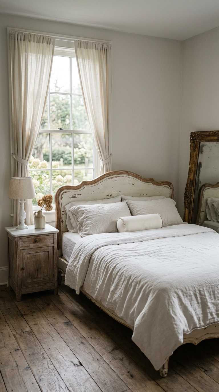 All white French country bedroom with carved painted bed frame and leaning antique gilt mirror