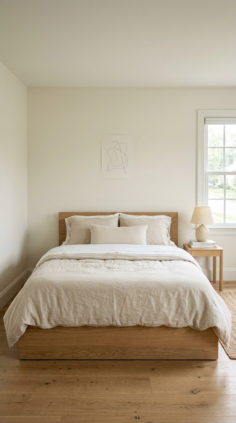 All white bedroom with three layered white tones, oak platform bed and linen bedding in morning light