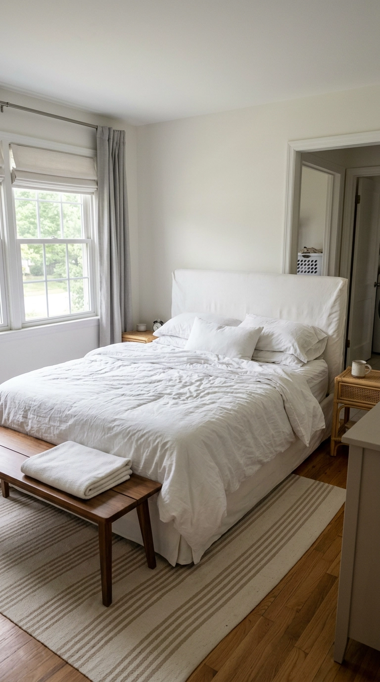 All white bedroom with a washable slipcovered headboard and machine-washable cotton bedding