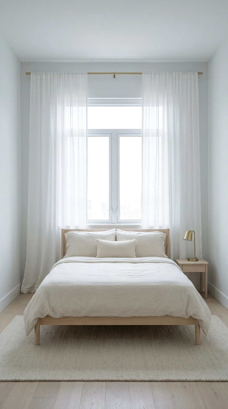 All white bedroom with sheer linen curtains hung high and wide on a brass rod