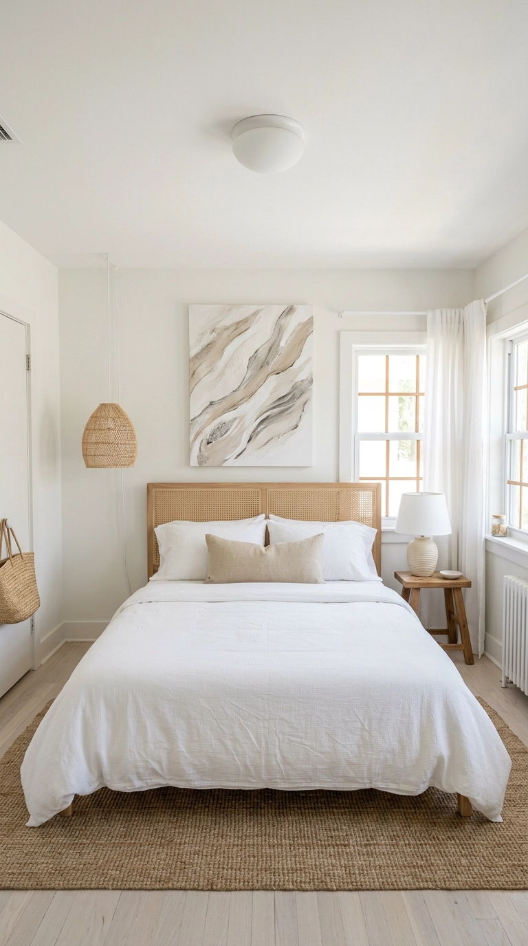 All white coastal bedroom with cane webbing headboard, rattan pendant and seagrass rug