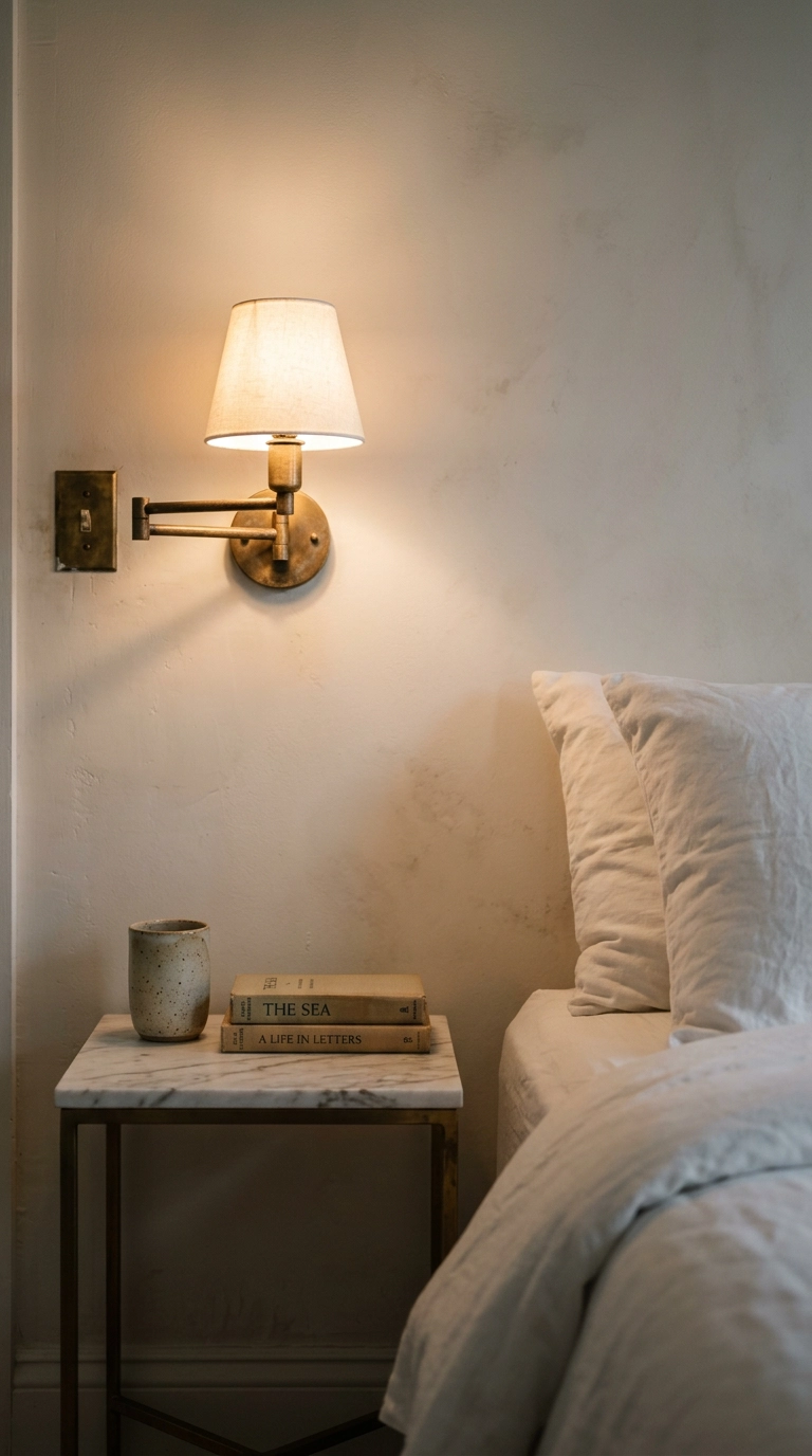 All white bedroom nightstand vignette with unlacquered brass sconce and honed marble top