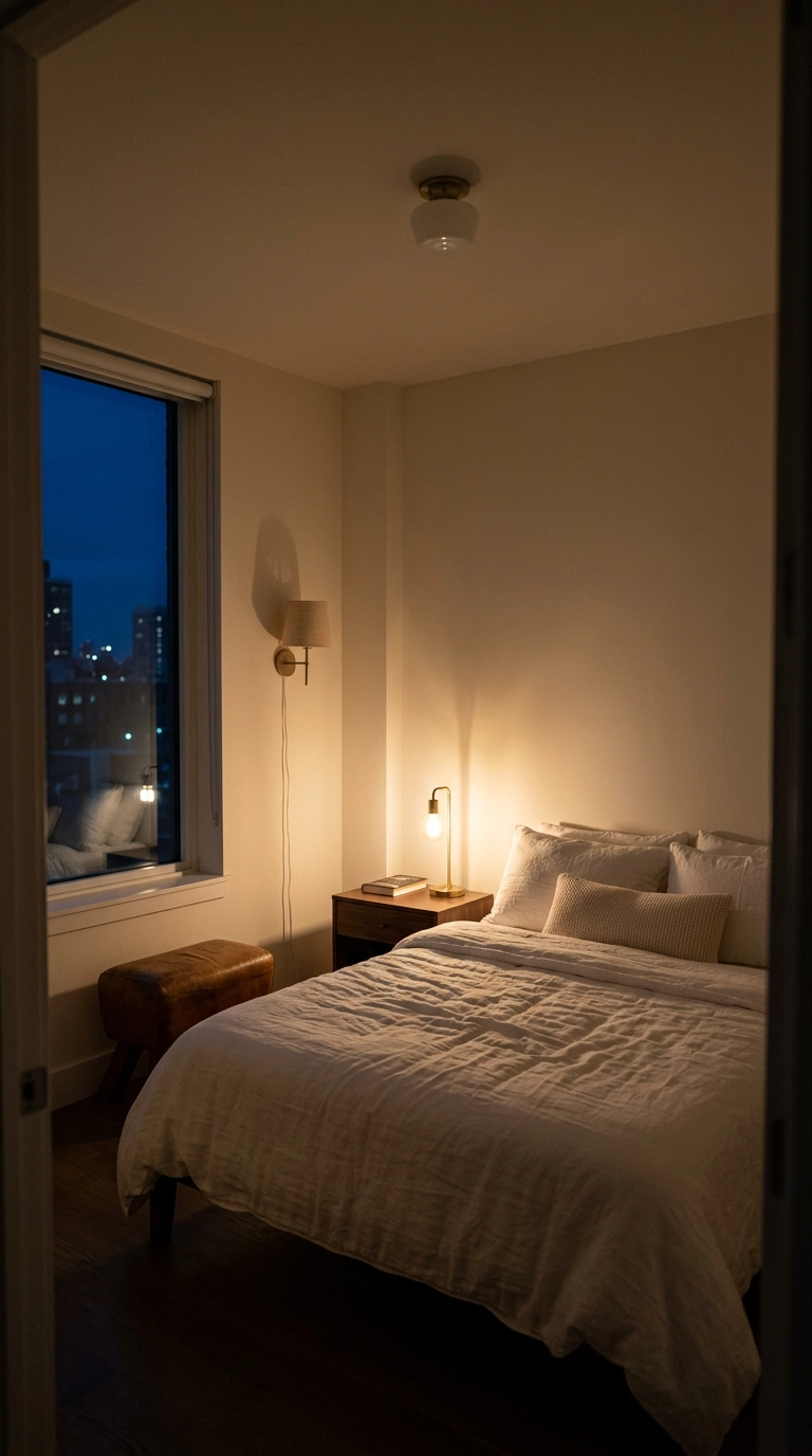 All white bedroom at night lit by a single warm brass table lamp with deep soft shadows