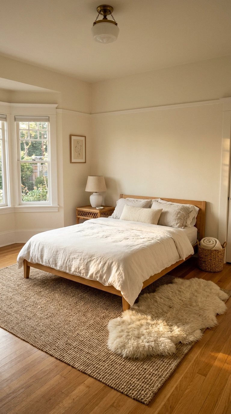 All white bedroom with a jute base rug layered with a sheepskin over honey oak floors