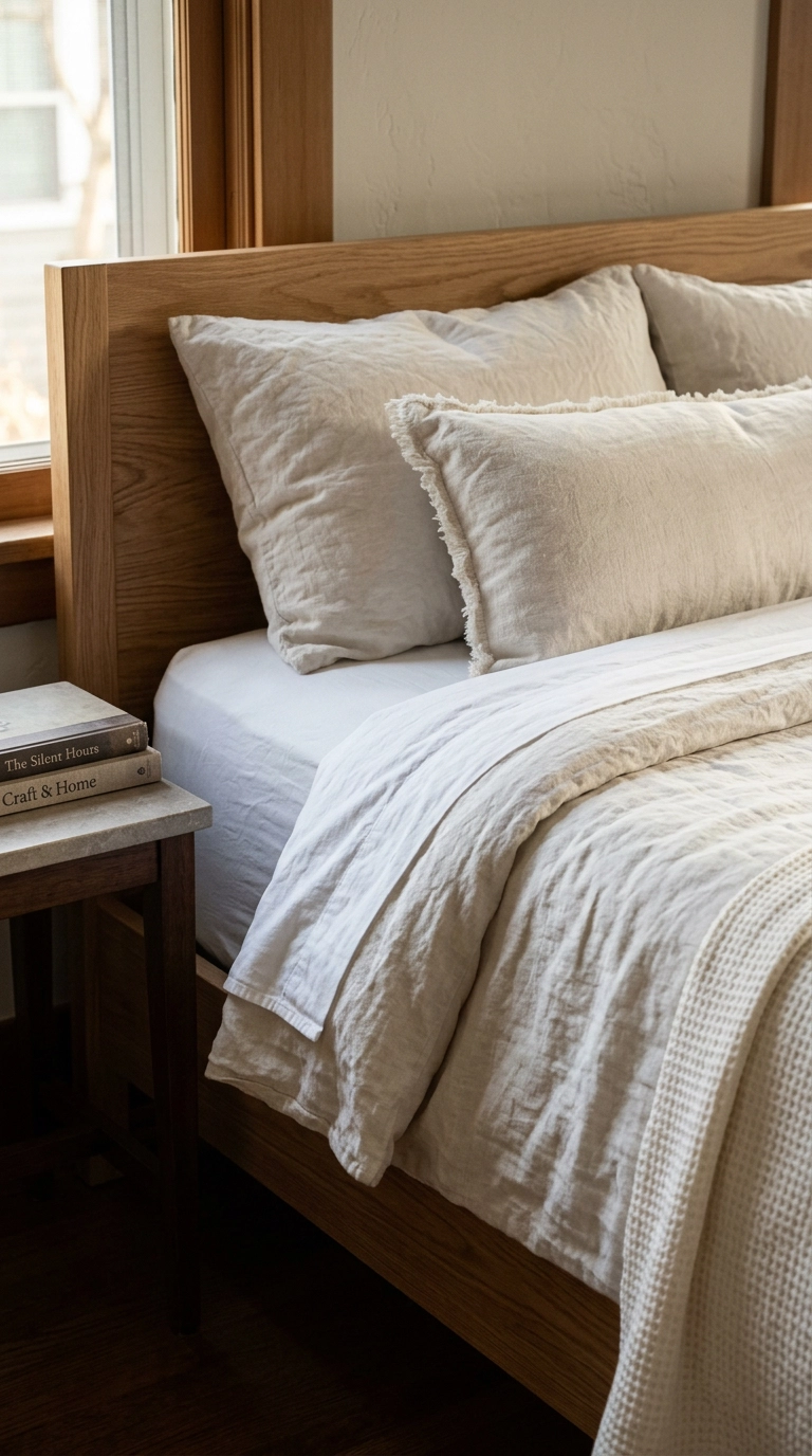 Close-up of washed linen and waffle cotton bedding layers in an all white bedroom