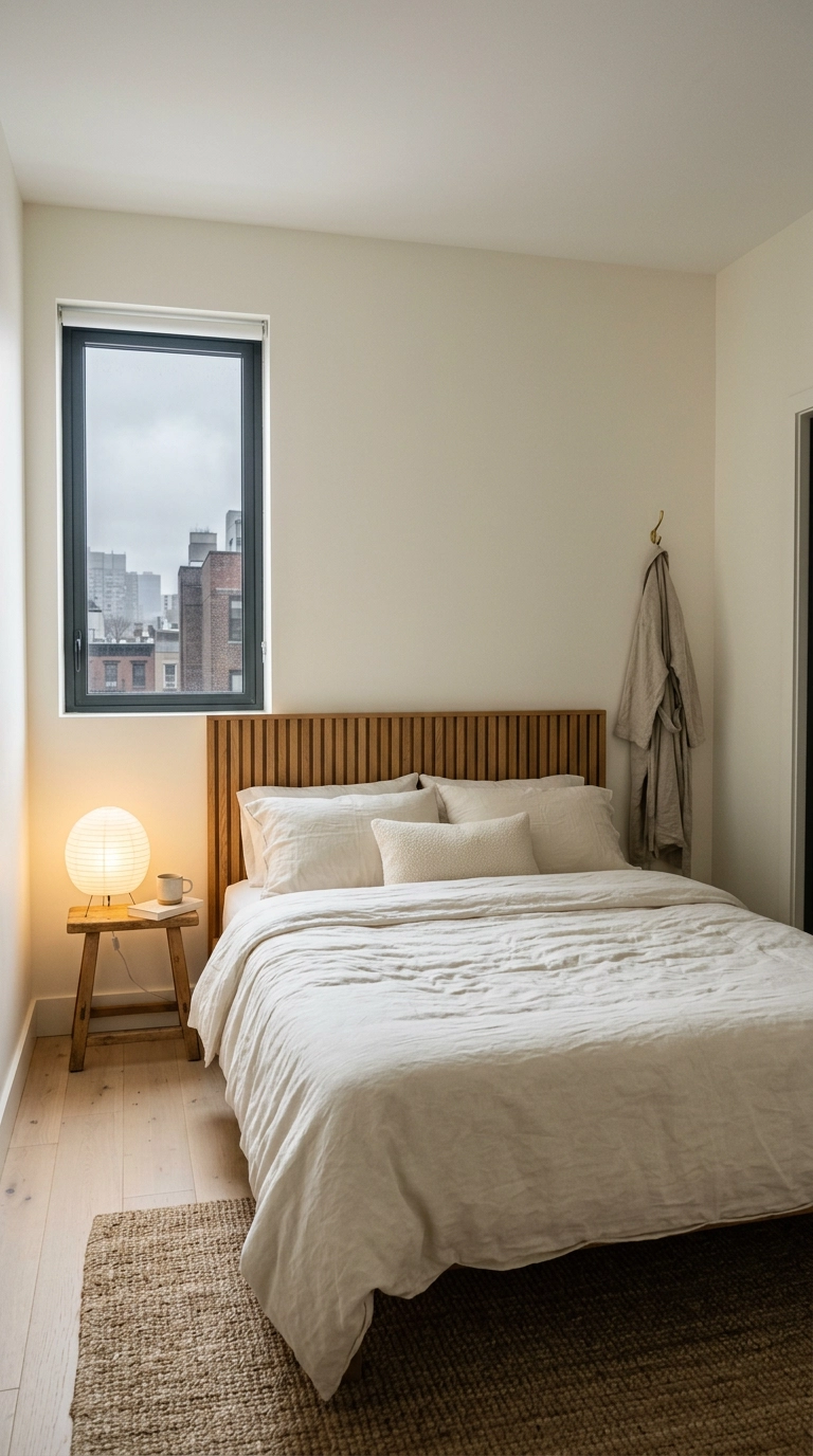 All white bedroom in a north-facing room using warm creamy white paint with an oak slat headboard