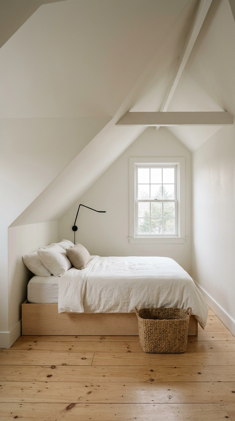 All white attic bedroom with sloped ceiling painted one continuous white and natural pine floors