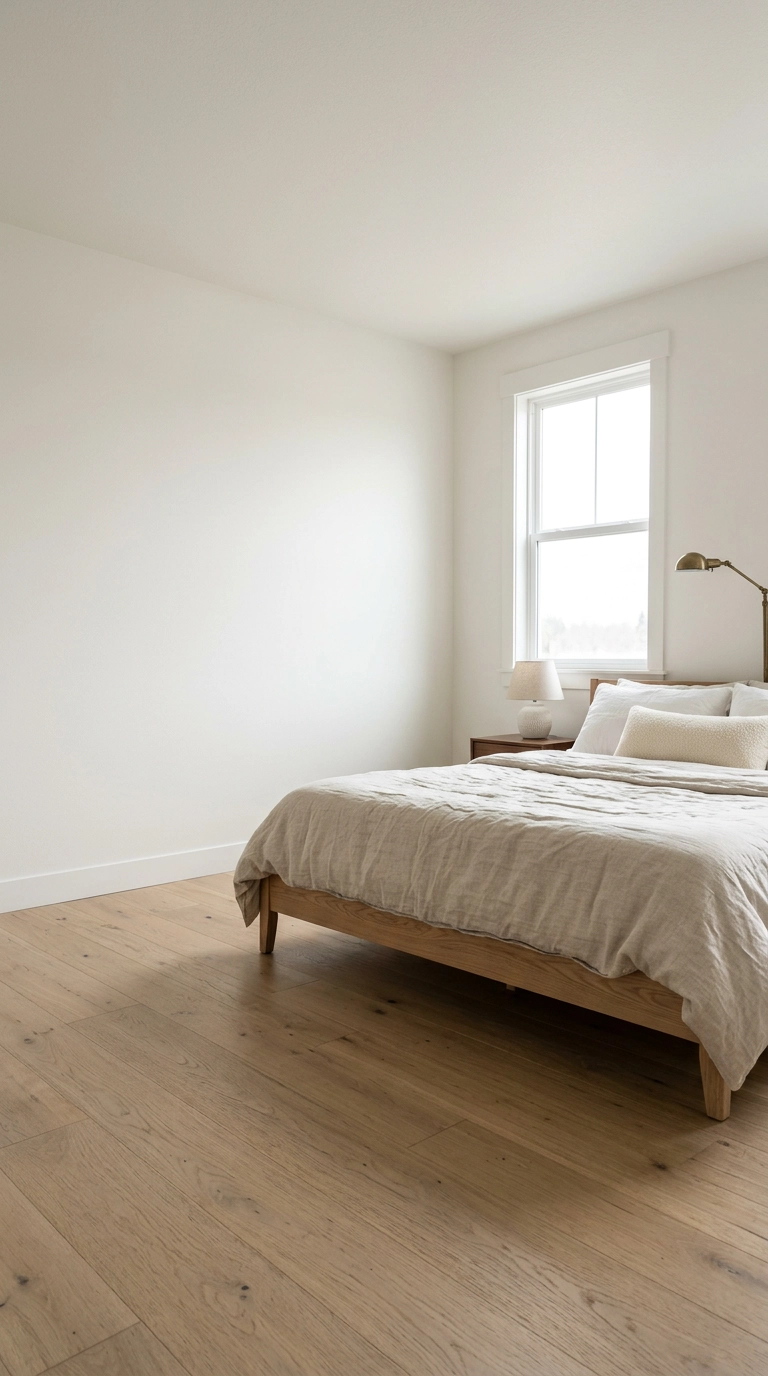 All white bedroom with one intentionally bare wall and a low oak bed placed off-center