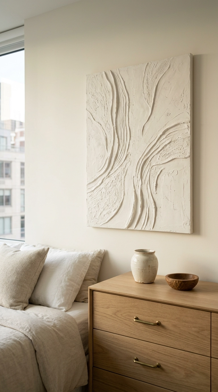 White plaster relief artwork above a white oak dresser in an all white bedroom