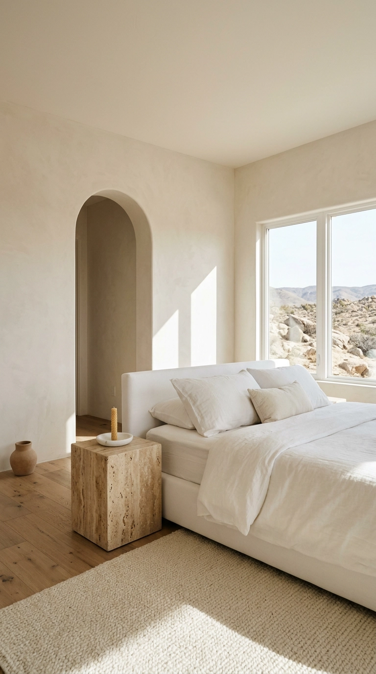 All white bedroom with a honed travertine block nightstand and warm plaster walls