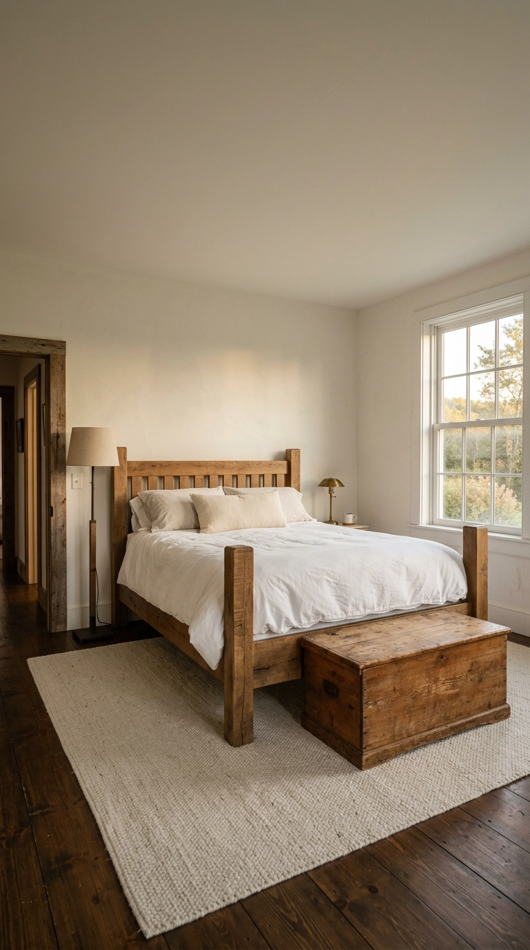 All white bedroom grounded by a heavy reclaimed oak four-post bed and antique pine chest