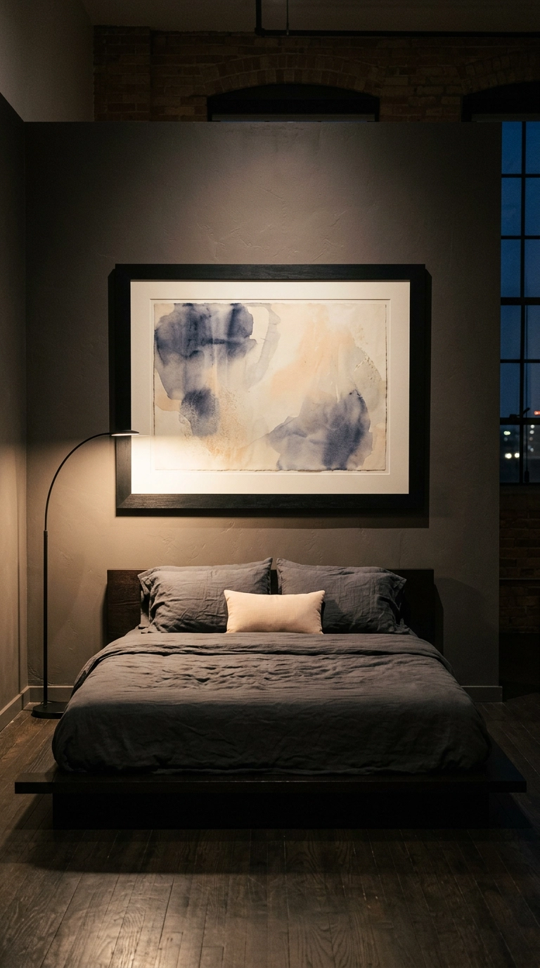 One oversized black-framed abstract piece hung above a low bed in a grey anime bedroom