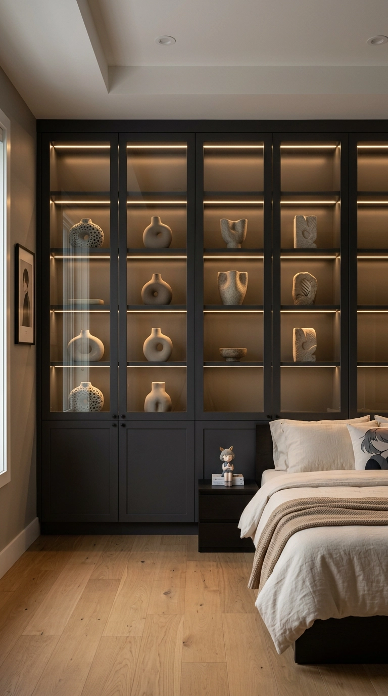 Floor-to-ceiling charcoal built-in display shelving with warm strip lighting in an anime bedroom