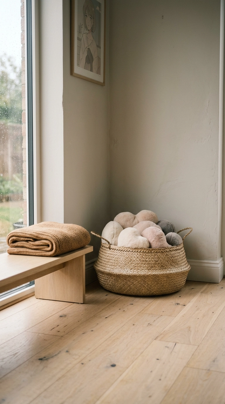 Woven basket of soft plush toys in muted tones in the corner of an anime bedroom