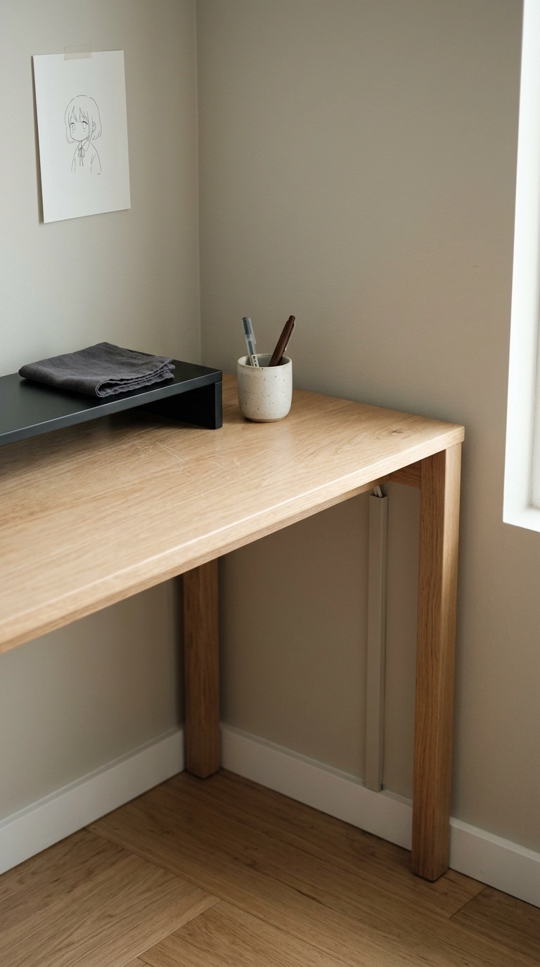 Clean oak desk corner in an anime bedroom with cables hidden in a wall-matched raceway