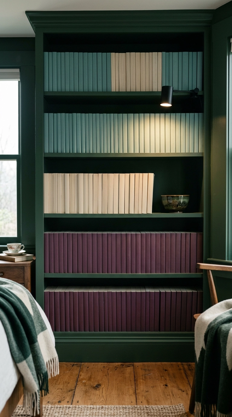 Manga volumes color-blocked on forest green built-in shelves in an anime bedroom