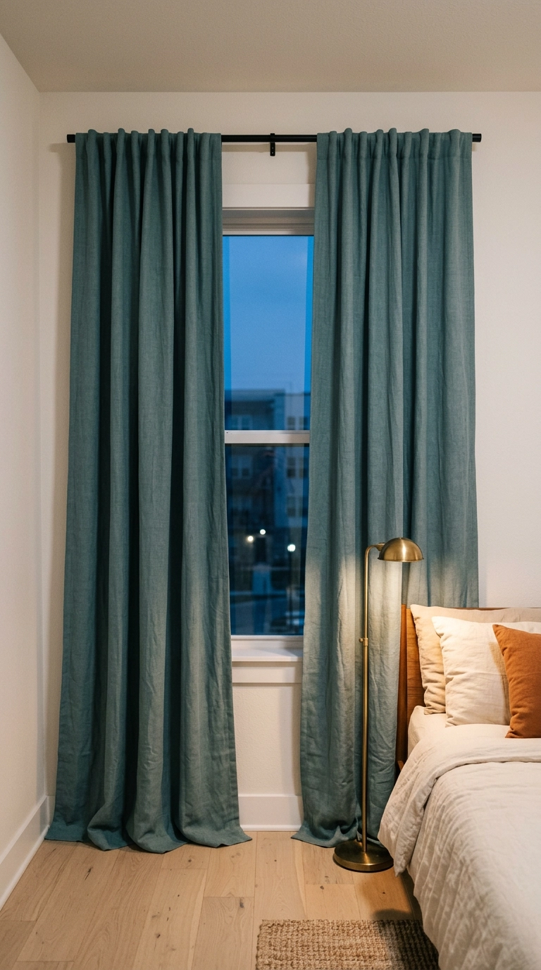 Dusty teal blackout curtains hung near the ceiling in an anime bedroom with a black rod