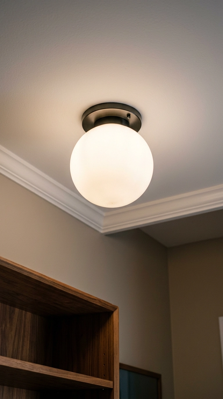 Opal glass globe flush-mount ceiling light glowing warm in an anime bedroom