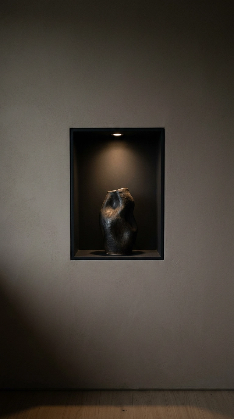 Single sculptural piece lit inside a charcoal-painted wall niche in an anime bedroom