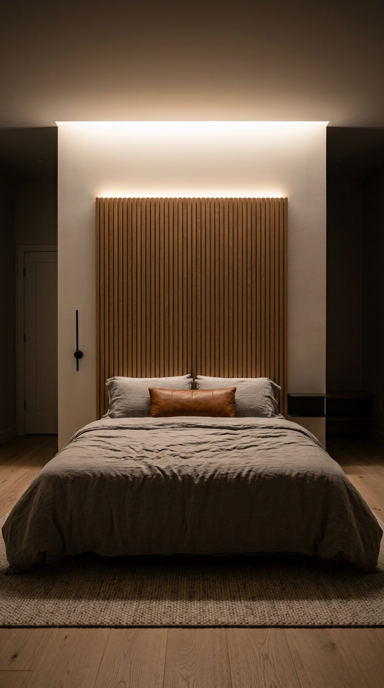 Warm hidden LED strip glowing behind a slatted oak headboard in an anime bedroom at night
