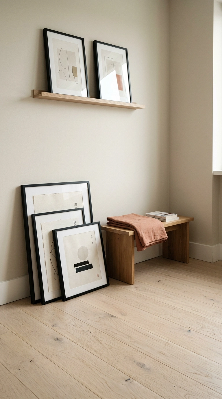 Framed anime-style prints leaning against a greige bedroom wall with a spare oak picture ledge above