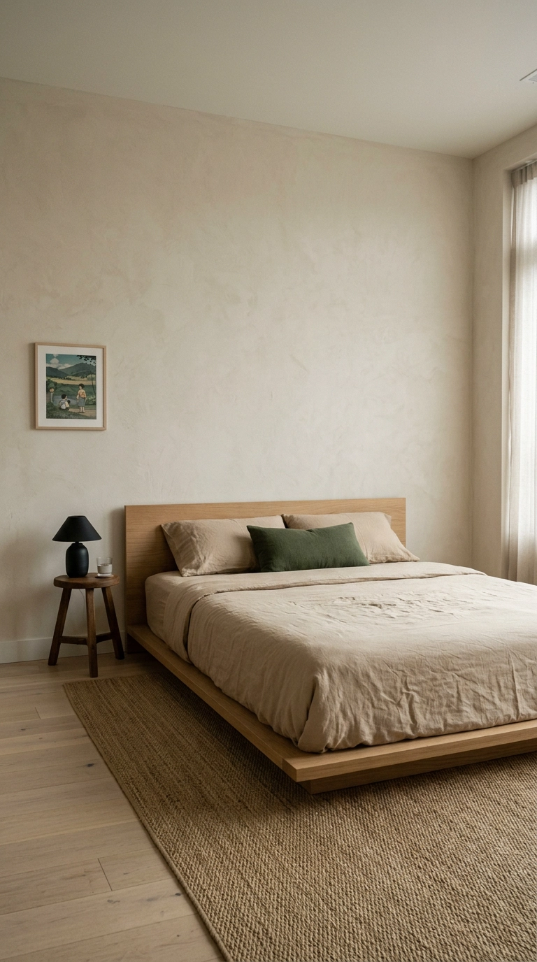 Low oak platform bed with sand linen bedding under a tall bare wall in an anime bedroom
