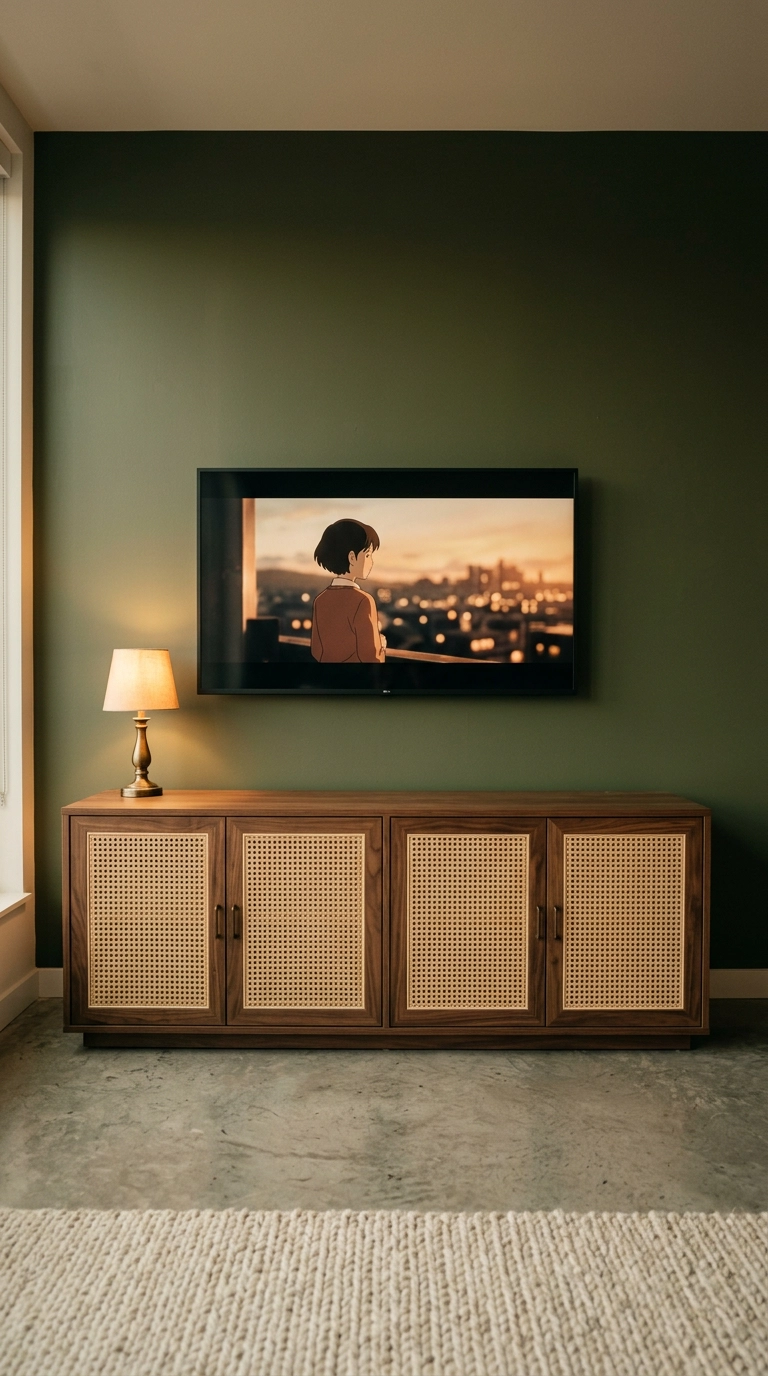 Walnut credenza with cane doors under a wall-mounted TV in an olive green anime bedroom