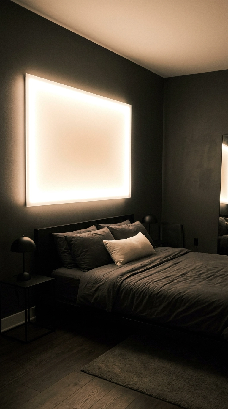 Large frosted acrylic panel glowing warm on a charcoal wall above a black platform bed