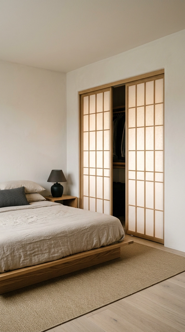 Sliding oak lattice shoji-style panels over a closet in a Japandi anime bedroom