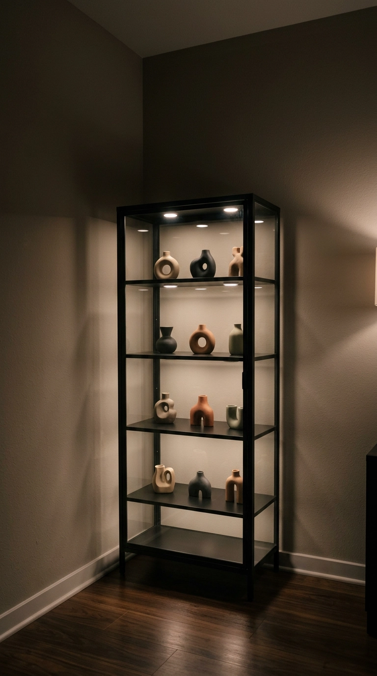 Slim black-framed glass display cabinet with warm shelf lighting in an anime bedroom corner