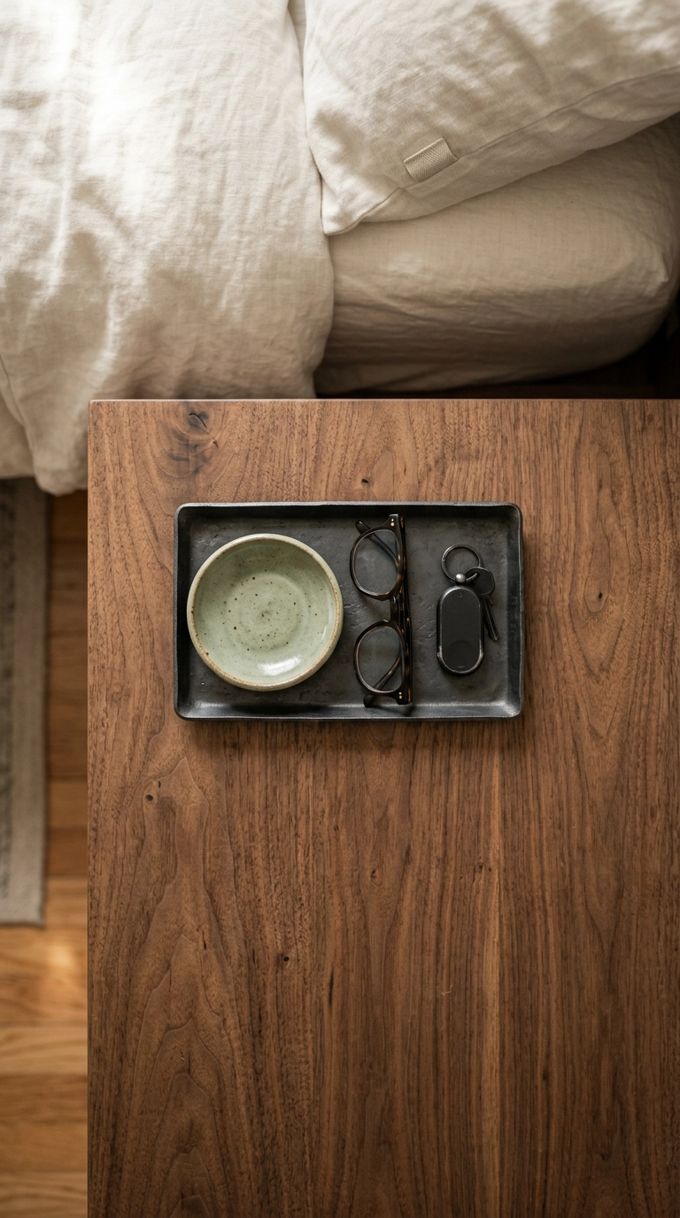 Overhead view of a nightstand tray holding three small objects in an anime bedroom