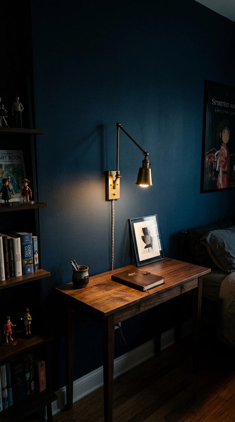 Brass articulating sconce lighting a walnut desk against an ink blue anime bedroom wall