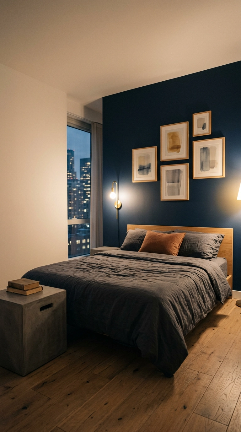 Navy statement wall with five framed prints in an anime bedroom, adjacent wall left bare white