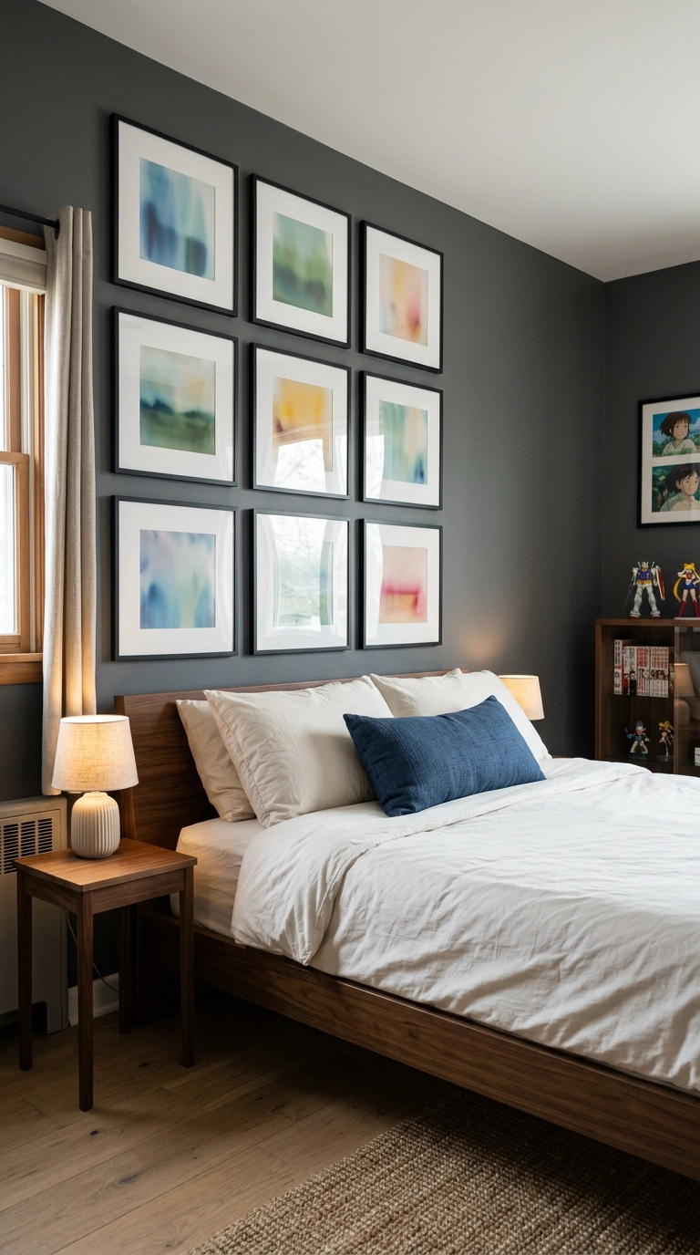 Anime bedroom with a nine-frame gallery wall in matched black frames above a walnut platform bed