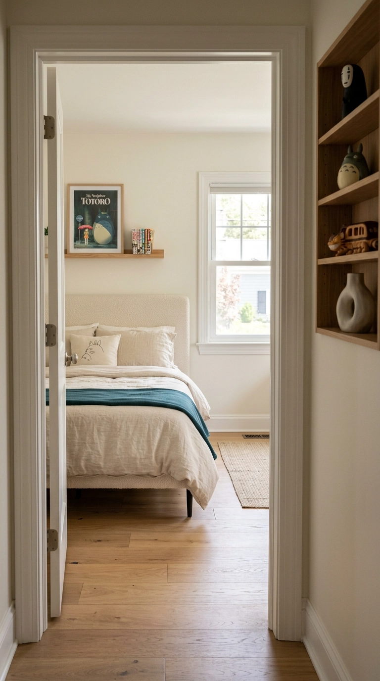 View through a bedroom doorway with the bed on the left and anime display shelving off to the side