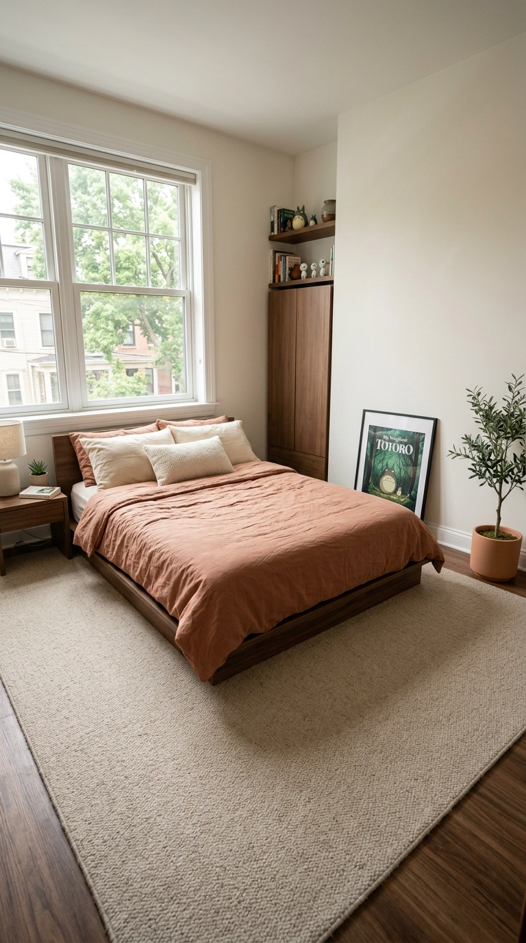 Large oatmeal wool rug covering the floor of a small anime bedroom with a walnut bed