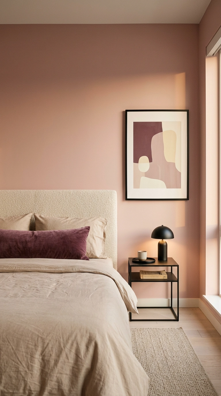 Anime bedroom in dusty rose and sand with one large muted abstract print and a boucle headboard