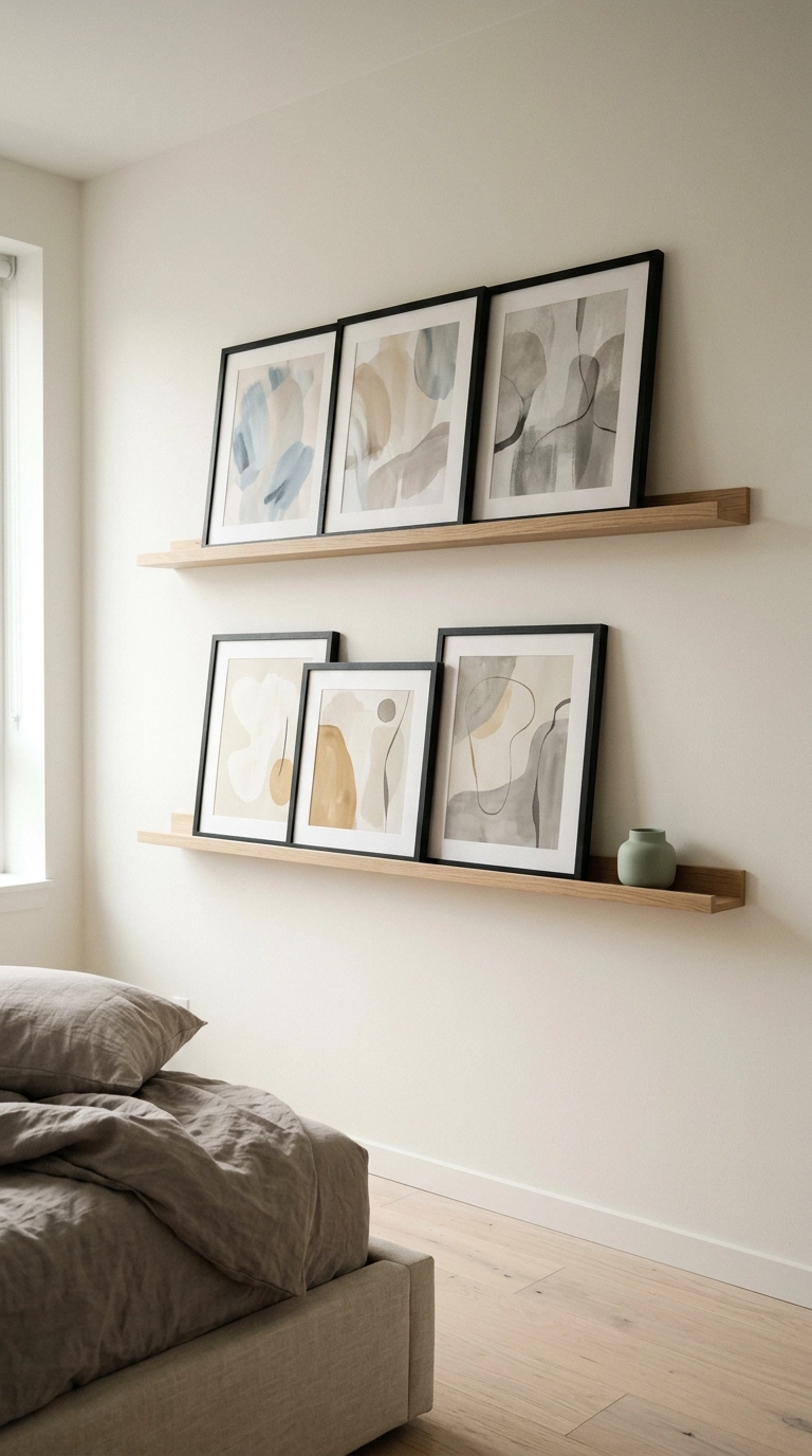 Two oak picture ledges holding matched black frames on a white anime bedroom wall