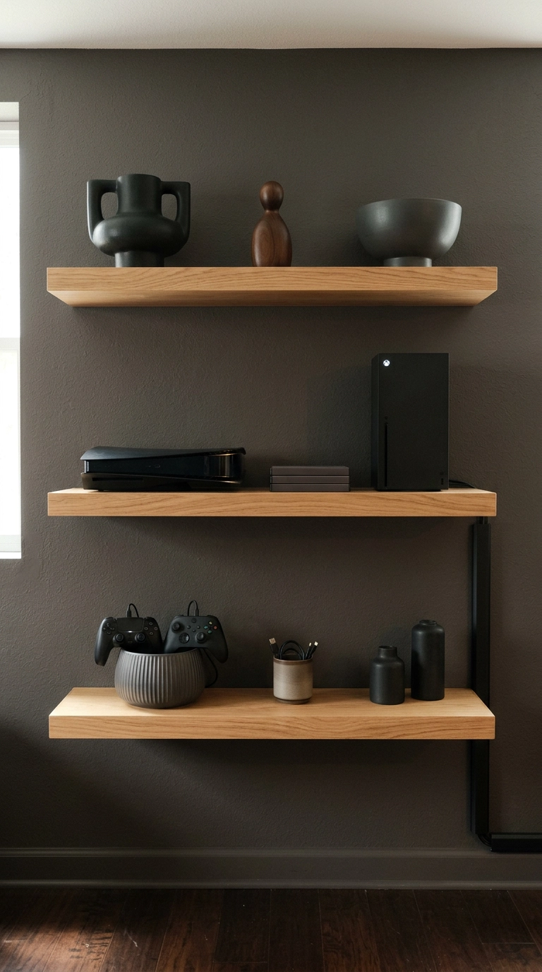 Three white oak floating shelves holding consoles and controllers on a charcoal wall