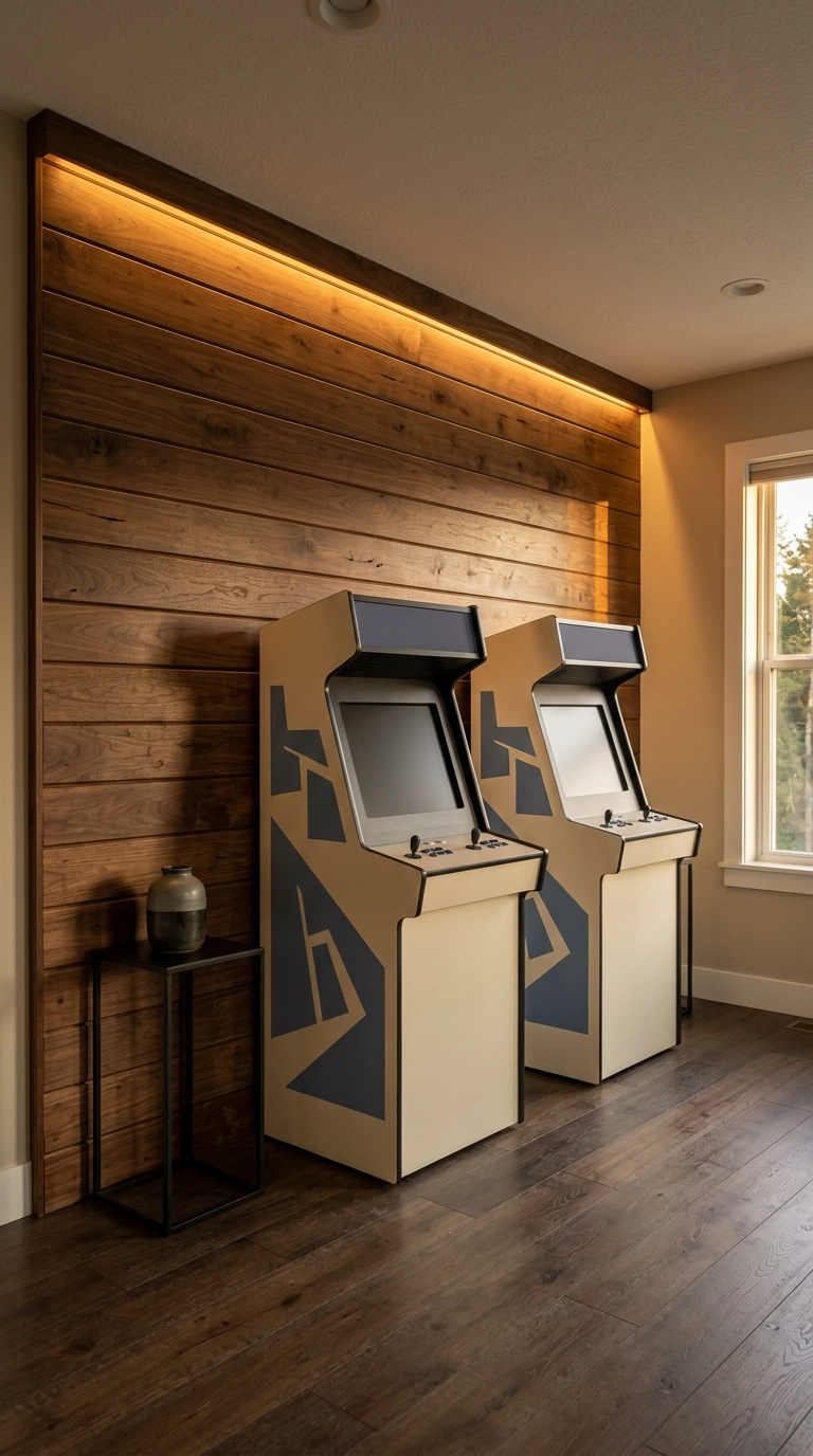 Deep walnut ship-lap wall with two cream arcade cabinets and amber LED cove lighting
